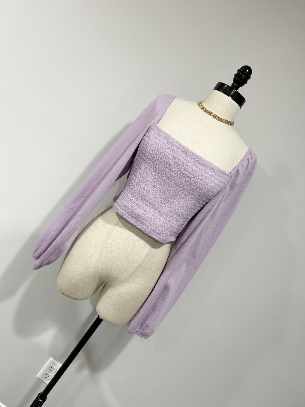 H&M Lavender Smocked Square-Neck Crop Top with Puff Sleeves